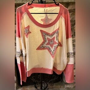 (NWOT) POL Star Patchwork Raglan Top – Pink & Cream – Size Large